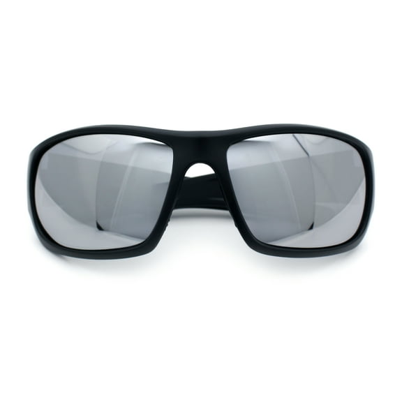 Mens Polarized Antiglare Biker Wrap Around Plastic Sport Sunglasses Matte Black - Silver Mirror