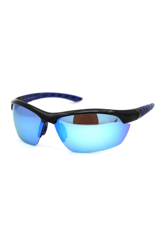 Mens Polarized Baseball Plastic Half Rim Warp Sport Sunglasses Black Blue Blue Mirror