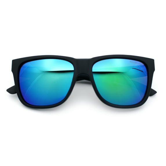 Mens Polarized Color Mirror Sport Horn Rim Plastic Rectangle Sunglasses Matte Black - Green Mirror