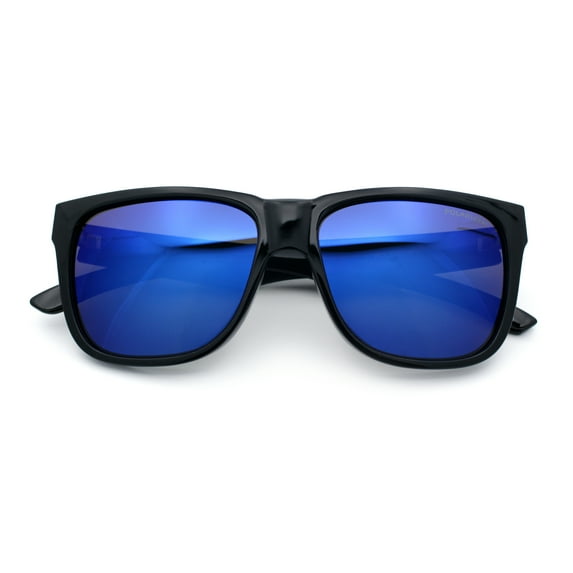 Mens Polarized Color Mirror Sport Horn Rim Plastic Rectangle Sunglasses Shiny Black - Blue Mirror