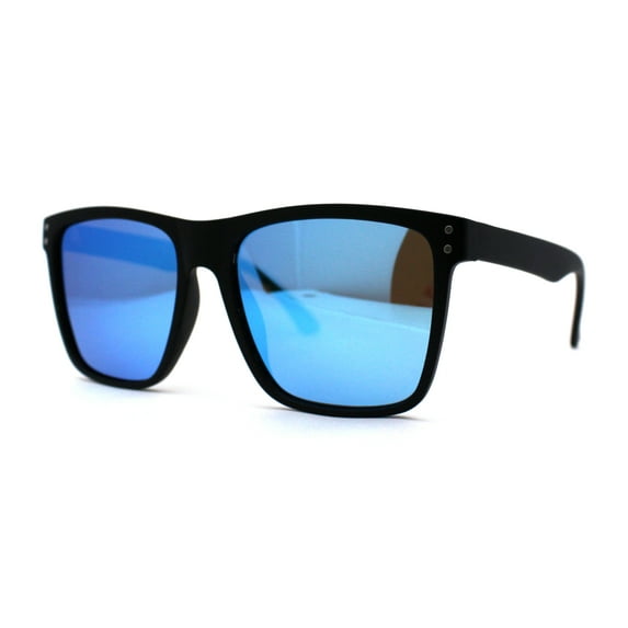 Mens Polarized Oversize Sport Horn Rim Rectangular Sunglasses Matte Black Blue Mirror