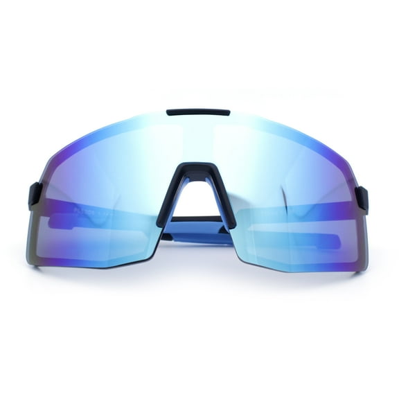Mens Polarized Oversized Large Shield Monoblock Plastic Sport Sunglasses Black Blue - Blue Mirror