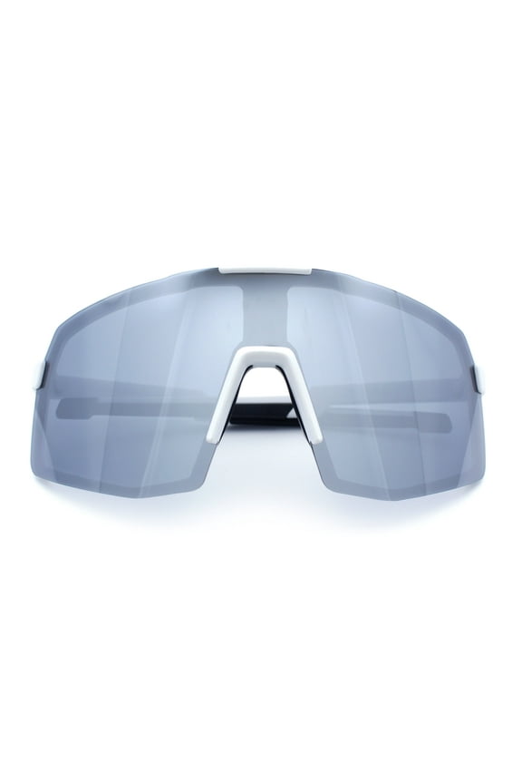 Mens Polarized Oversized Large Shield Monoblock Plastic Sport Sunglasses White - Silver Mirror
