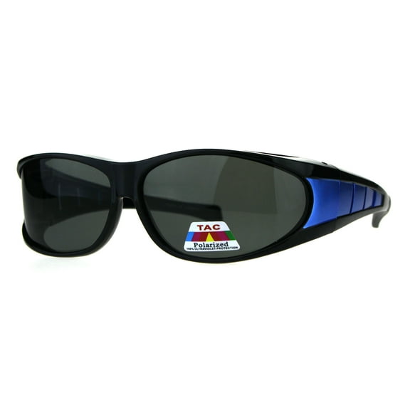 Mens Polarized Sport Oval Fit Over 58mm Plastic Sunglasses Black Blue