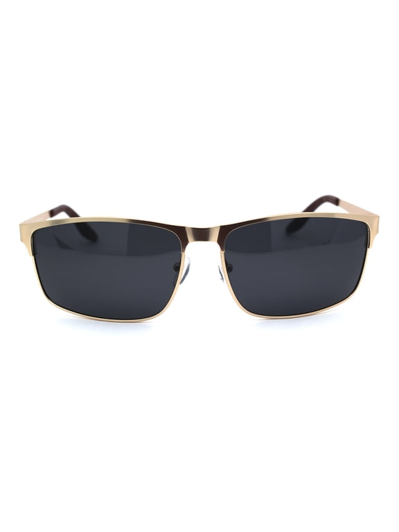 Mens Polarized Spring Hinge Rectangular Metal Rim Dress Sunglasses Gold Black