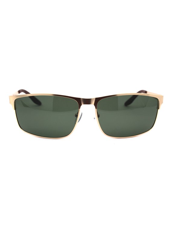 Mens Polarized Spring Hinge Rectangular Metal Rim Dress Sunglasses Gold Green