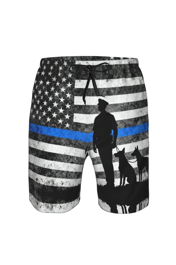 Mens Police Blue Line Flag Boardshort Casual Drawstring Stretch Summer Beach Shorts Large
