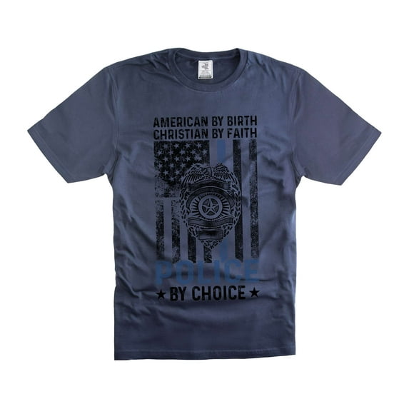 Mens Police T-shirt Police Patriotic Tee Shirts Christian Faith Police T-Shirt American By Birth Tee (Large Navy Blue)