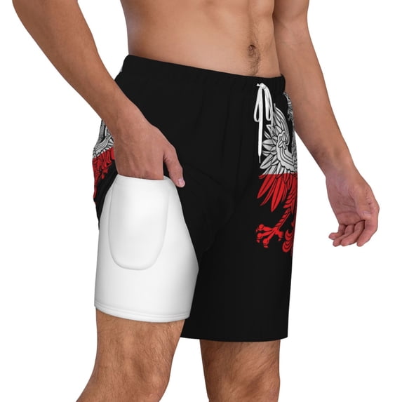 Mens Polish Flag White Eagle Swimming Trunks with Compression Liner Beach Quick Dry Swim Shorts