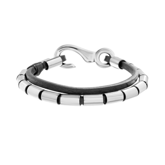 Mens Polished Double Stranded Black Leather Link Bracelet
