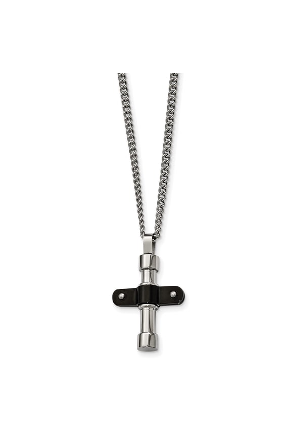 Mens Polished Stainless Steel Cross Pendant Necklace with Black Accent Woven Chain Modern Industrial Design Bold Silver Urban Style Masculine Jewelry Statement Accessory Layering Option