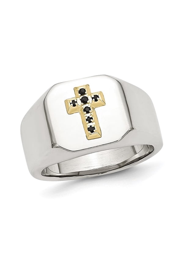 Gem & Harmony Mens Polished Stainless Steel Ring with Blue Sapphire Cross for Men