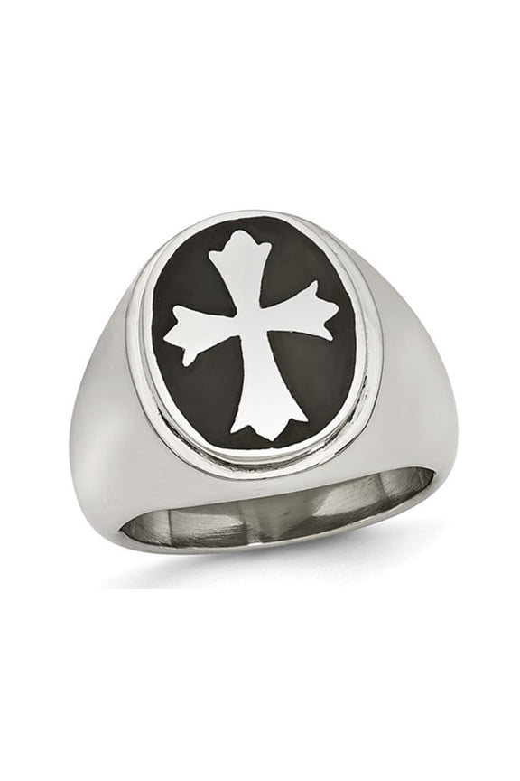 Gem & Harmony Mens Polished Stainless Steel Ring with Enameled Cross for Men