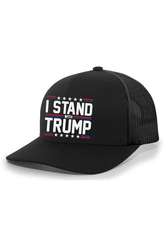 Mens Political Hat Patriotic I Stand With Trump Mesh Back Trucker Hat Baseball Cap-Black/Black
