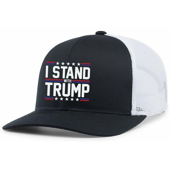 Mens Political Hat Patriotic I Stand With Trump Mesh Back Trucker Hat Baseball Cap-Navy/White