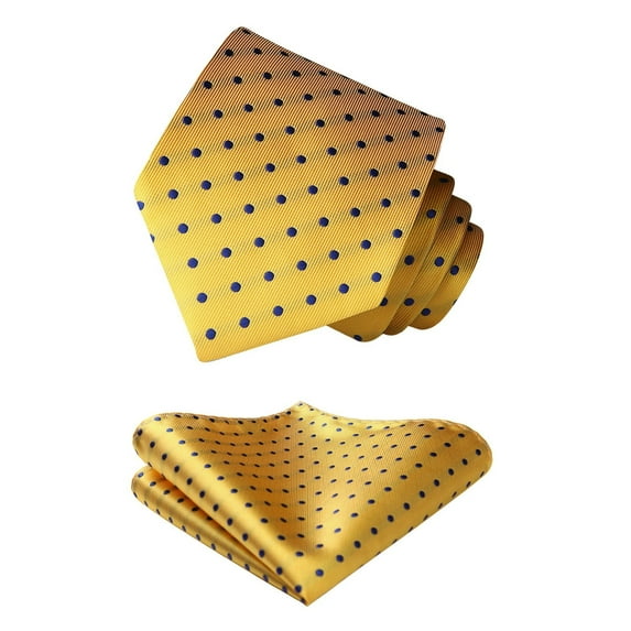 Mens Polka Dot Neckties Classic Silk Yellow Tie Handkerchief Business Formal Ties Pocket Square Set