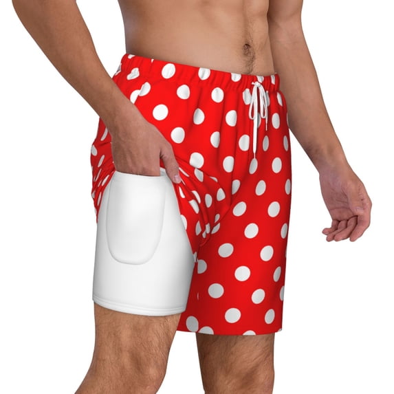 Mens Polka Dot Red Swimming Trunks with Compression Liner Beach Quick Dry Swim Shorts