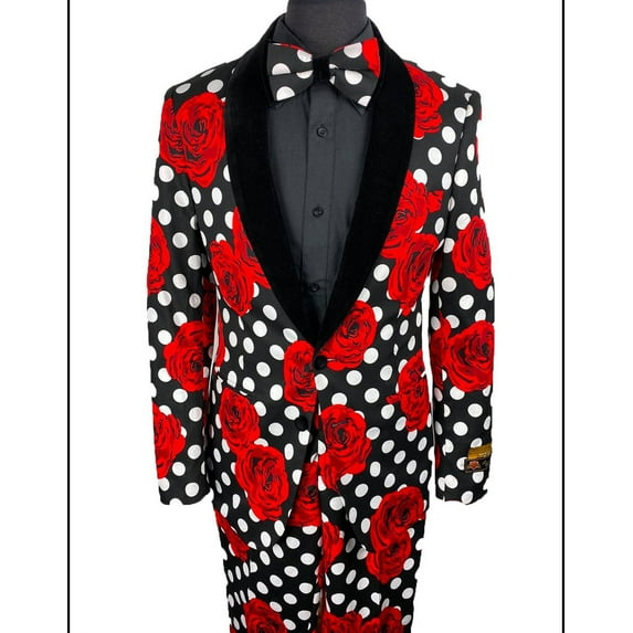 Mens Polka Dot Rose Printed Prom Tuxedo with Pants & Bowtie By Alberto Nardoni Brand Designer