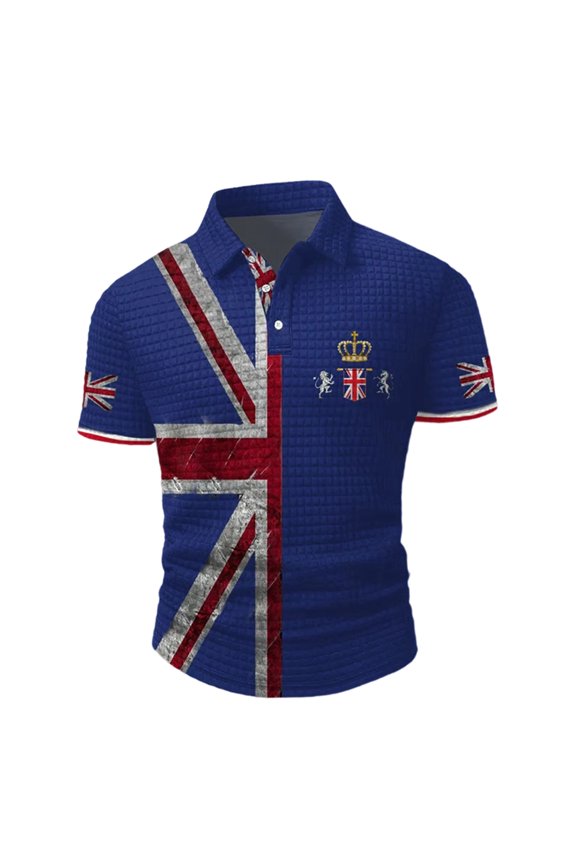 Mens Polo British Print Classic Fit Short Sleeve Knit Leisure Mens Clothing,Blue,2XL