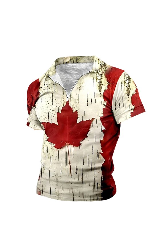 Mens Polo Canadian Themed Zip Front Short Sleeve Button Mens formal Shirts,Beige,L