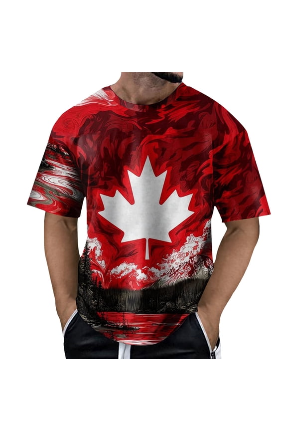 Mens Polo Casual Maple Leaf Graphic Print Short Sleeve Crew Neck Compression Shirt Men,Brick Red,M