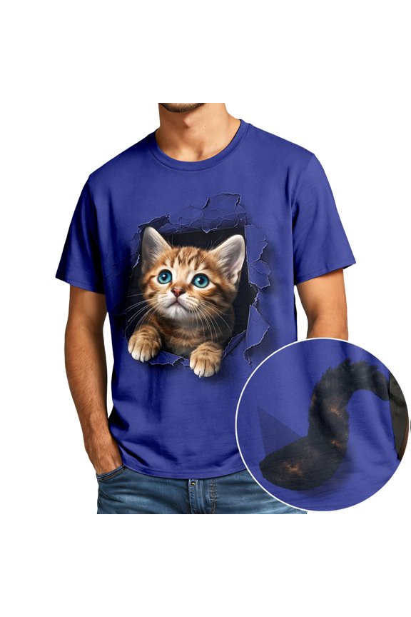 Mens Polo Cat Print Short Sleeve Graphic Crewneck Mens Athletic Tops,Blue,2XL