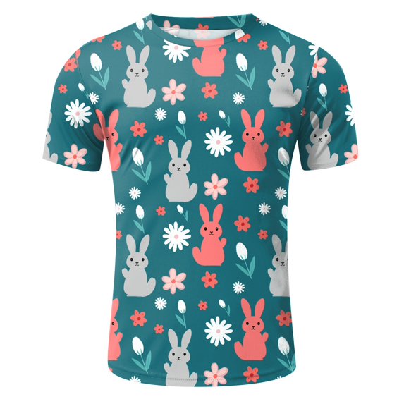 Mens Polo Easter Theme Print Short Sleeve Round Neck Floral Trend Bottoming Compression Shirt Men,Blue,2XL