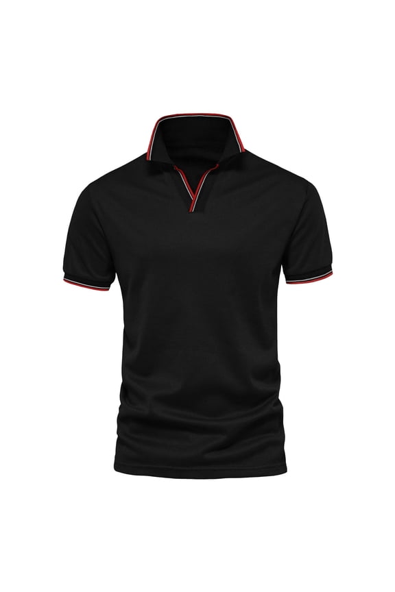 Mens Polo Fashion Solid Color V Neck Button Short Sleeve Beach Clothes for Men,Black,2XL