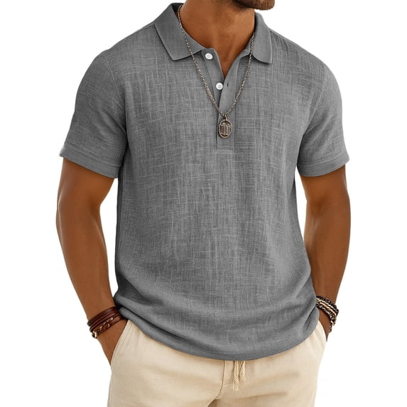 Mens Polo Linen Shirts Short Sleeve Casual Collared Summer Vacation Shirts Golf Polo Shirts Gray M
