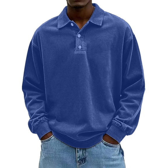 Mens Polo Long Sleeve Shirt Distressed Button Basic Solid Color Polo Shirt Classic Loose Casual Collared Shirts T-Shirt