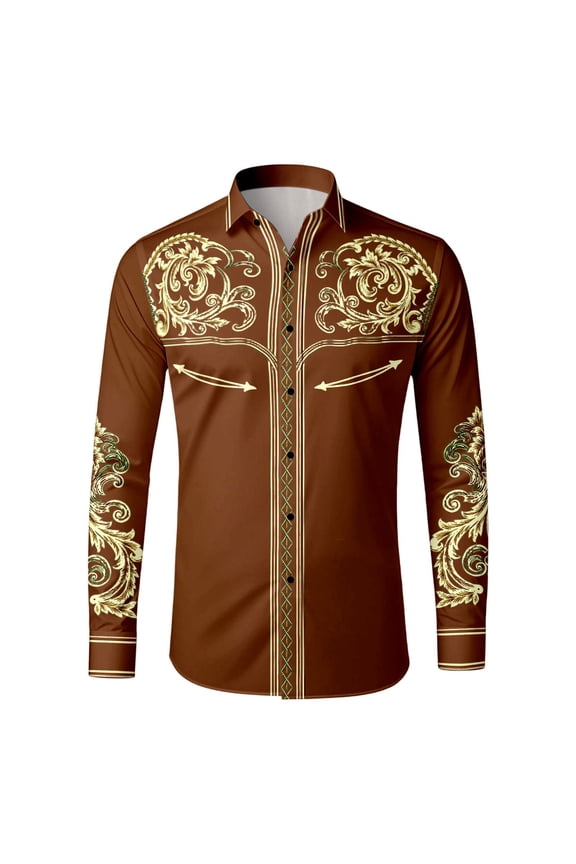 Mens Polo Print Long Sleeve Retro Western Cowboy Mens Clothing,Brown,3XL
