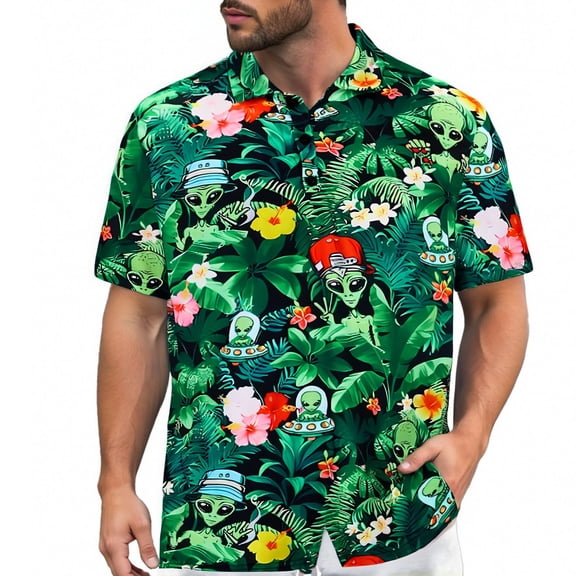 Mens Polo Shirt Alien Being Print Button Up Collar Summer Lapel Retro Short Sleeve Graphic Golf Green Mens Shirts