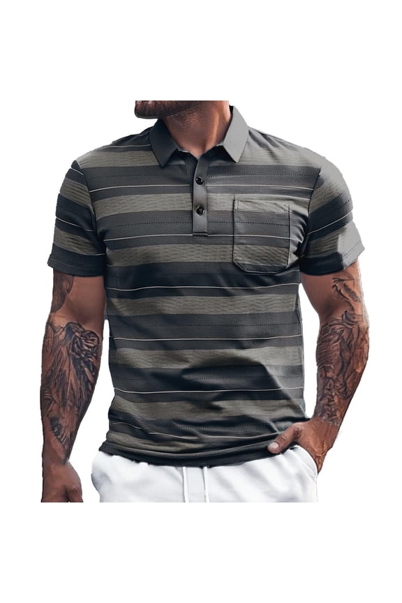 Mens Polo Shirt Business Short Sleeve Button Up Collared Golf Striped Tops with Pocket Comfortable Casual Loose Sport Work Dress Shirts for Men Grey L-110