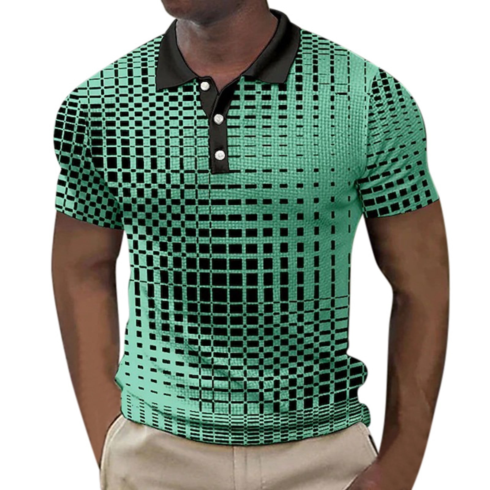 Mens Polo Shirt Button Up Breathable Pullover Tops Short Sleeve Striped