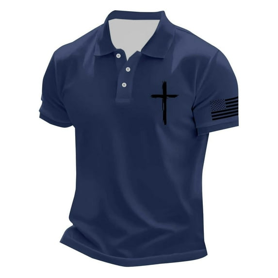 Mens Polo Shirt Casual Crucifix Printed Short Sleeve Button Up Collared Tops Summer Sport Breathable Mens T-Shirts Navy L