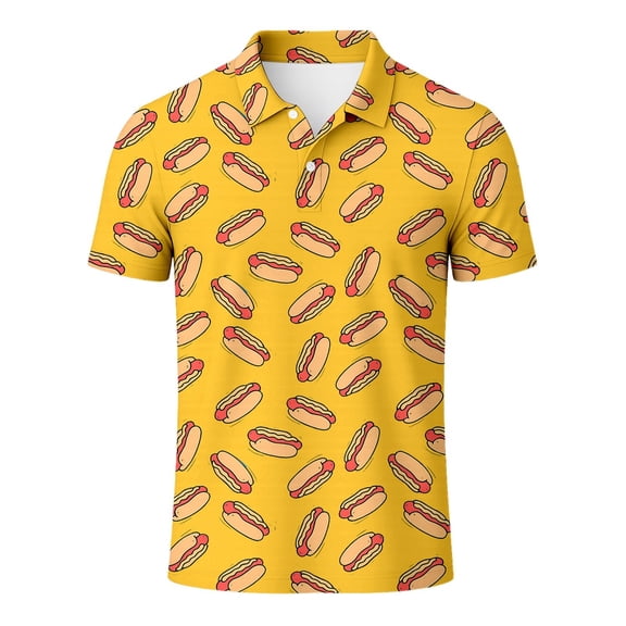 Mens Polo Shirt Casual Short Sleeve Hot Dog Printed Button Down Collared Tops Comfortable Breathable Slim Shirts for Men Yellow L