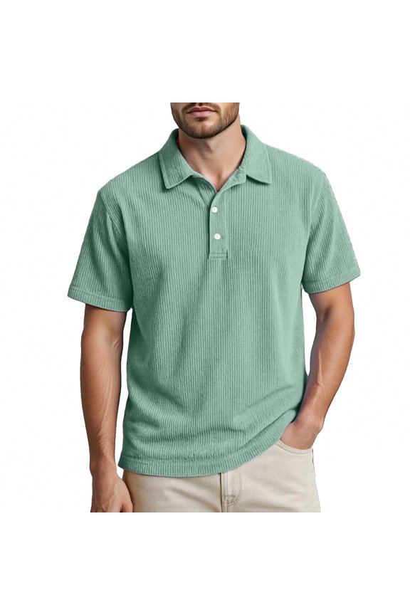 Mens Polo Shirt Corduroy Short Sleeve Casual Turn Down Collar Solid Color Top Comfortable Breathable Mens T-Shirts