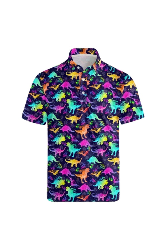 Mens Polo Shirt Full Graphic Print Performance Short Sleeve Summer Loose Fit Casual Dress Shirts for Men