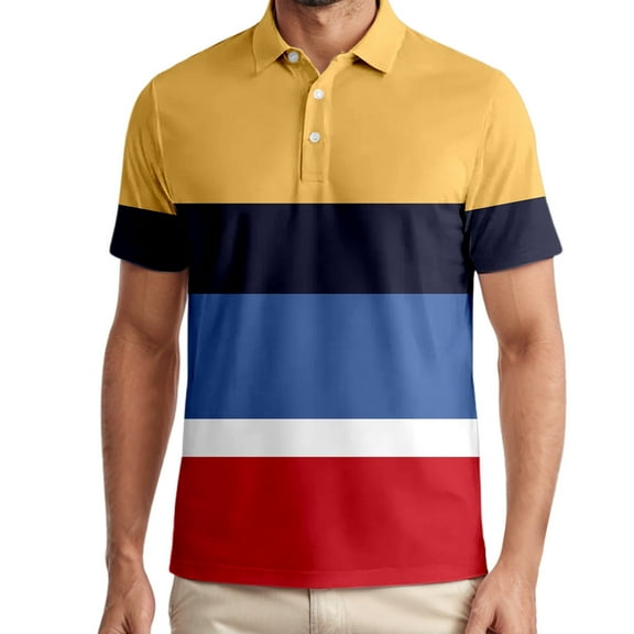 Mens Polo Shirt Golf Striped Short Sleeved Button Up Collared Top Performance Stretch Athletic Regular Breathable T Shirts for Man