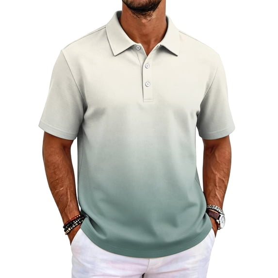 Mens Polo Shirt Gradient Short Sleeve Stretch Cotton Shirt Casual Versatile BreathableTop, L