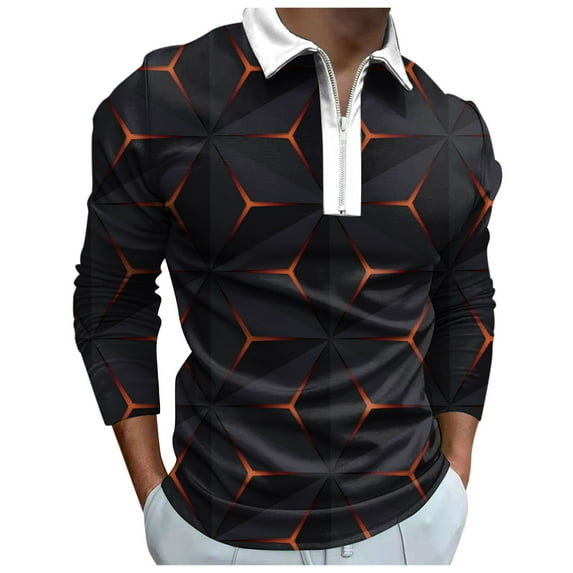 Mens Polo Shirt Long Sleeve Tops Gold L