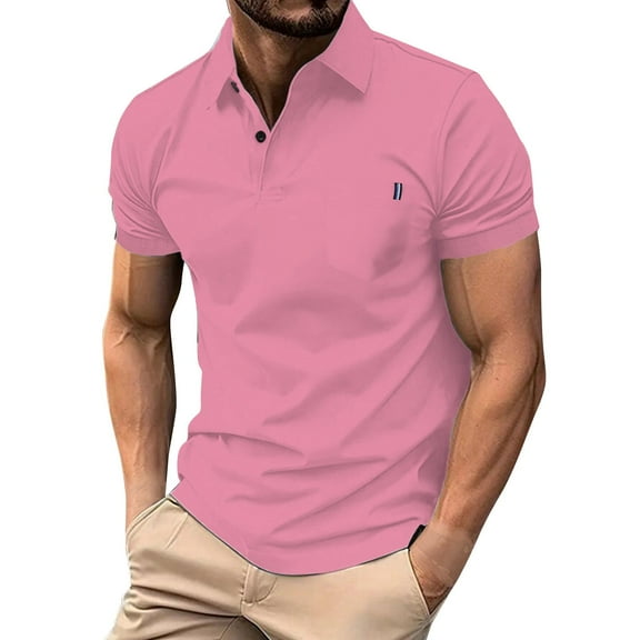 Mens Polo Shirt Pique Lapel Casual Trend Business Comfortable Loose Short Sleeved Shirt Mens Clothing,Pink,M