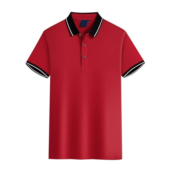 Mens Polo Shirt Pique Short Sleeve Button Lapel Solid Color Shirt Mens Clothing,Red,S
