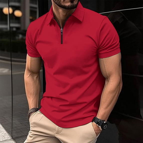 Mens Polo Shirt Quick Dry Short Sleeve Golf Shirt Quarter Zip Pullover Sweatshirt Casual Basic Tees Lightweight Top (Red,2XL)