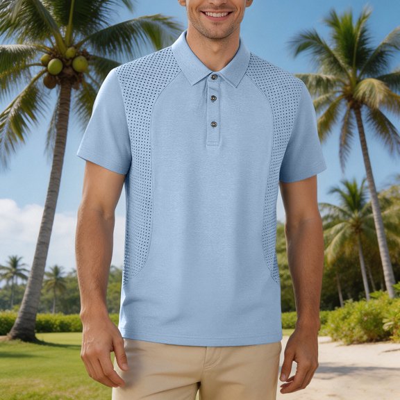 Mens Polo Shirt Short Sleeve Button Down Collar Solid Color Top Breathable Performance Tennis Golf Business Regular Light Blue Mens Shirts