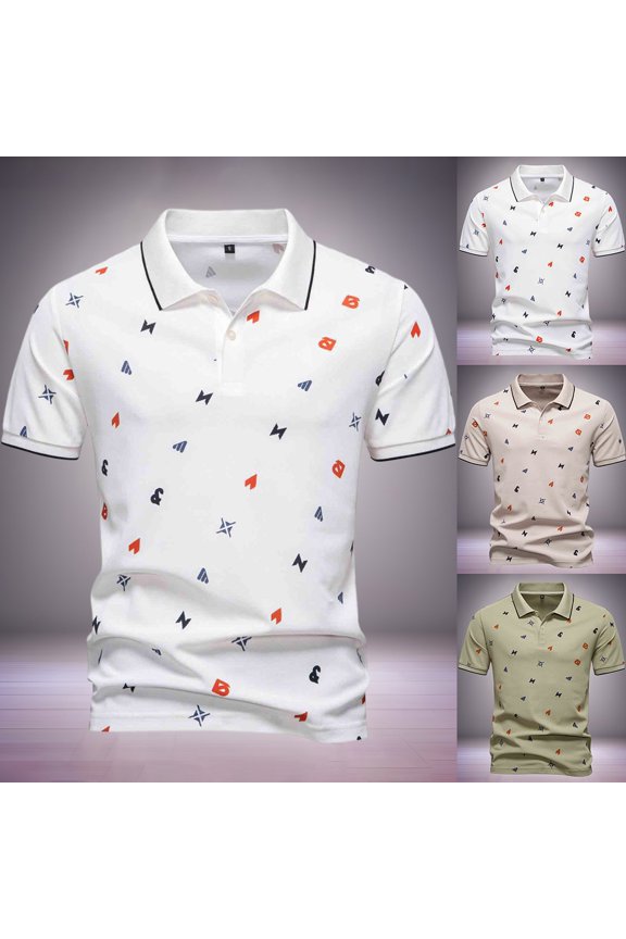 Mens Polo Shirt Short Sleeve Graphic Tee Letter Collared Tee Summer Breathable Top White L