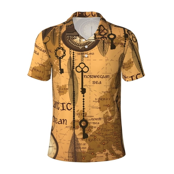 Mens Polo Shirt Short Sleeve Performance Daily Casual Collared Golf Shirts, Antique World Map Clocks Old