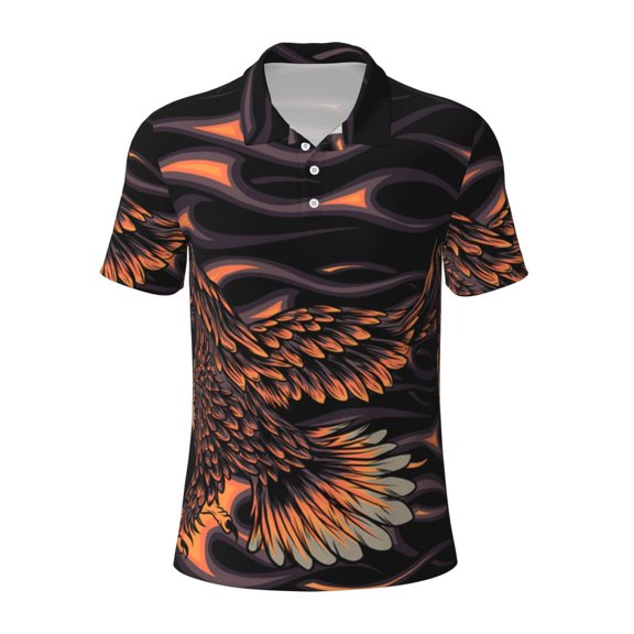 Mens Polo Shirt Short Sleeve Performance Daily Casual Collared Golf Shirts, Flaming Eagle Fire