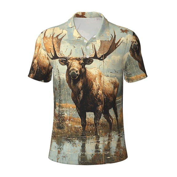 Mens Polo Shirt Short Sleeve Performance Daily Casual Collared Golf Shirts, Moose Vintage