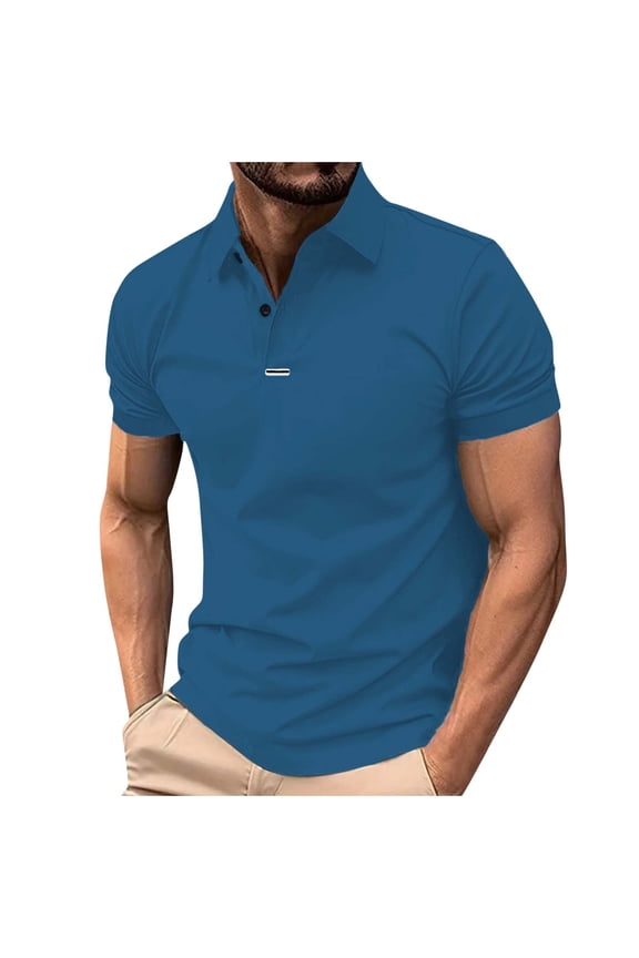 Mens Polo Shirt Short Sleeve V-Neck Active Athletic Jersey Shirt Slim Fit Spring Summer Pullovers Blue XXL